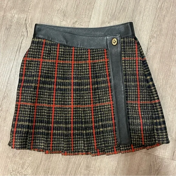 Coach Wrap Wool and Leather Tartan Mini Skirt - Black, Tan and Red - Picture 2 of 10